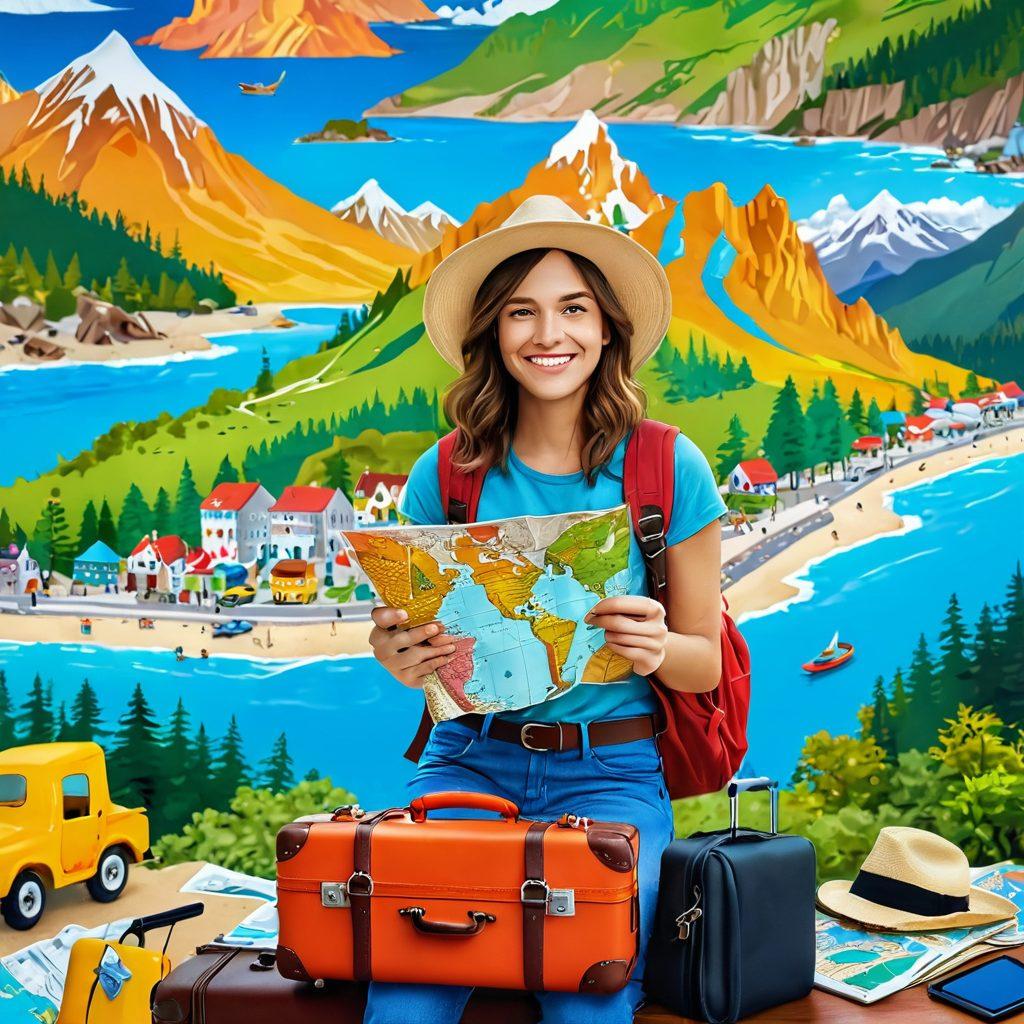 A vibrant and inviting travel scene featuring a joyful traveler with a map and camera, surrounded by stunning landscapes like mountains, beaches, and forests. Incorporate elements like colorful luggage, a digital tablet displaying travel insights, and cheerful locals sharing their culture. Emphasize a sense of adventure and exploration, showcasing both famous landmarks and hidden gems. bright colors, super-realistic.