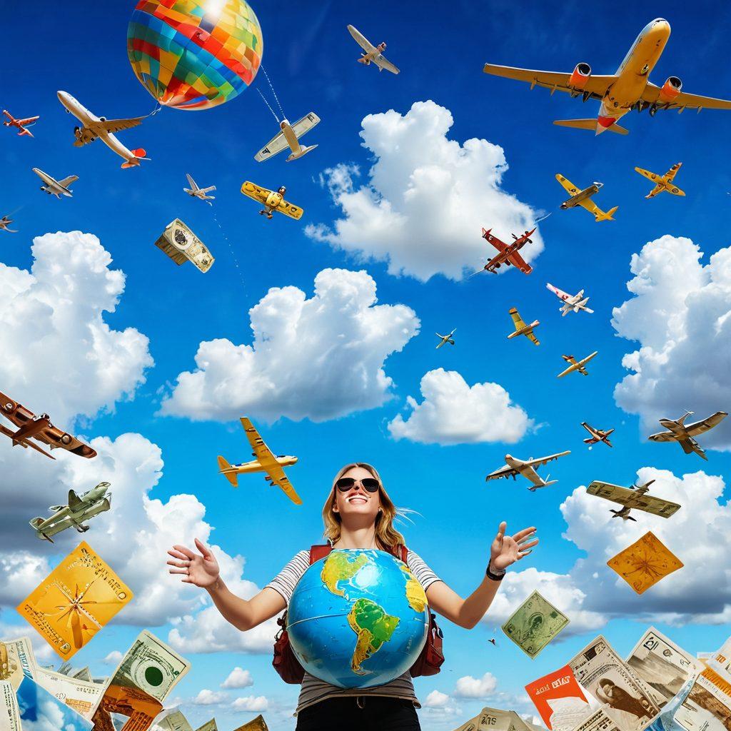 A vibrant, surreal landscape of clouds and airplanes soaring through a bright blue sky, with a joyful traveler holding a globe, surrounded by pinned destinations and flight tickets scattered around. Incorporate playful elements like floating dollar signs and golden compasses. Emphasize the feeling of adventure and discovery. super-realistic. vibrant colors. white background.