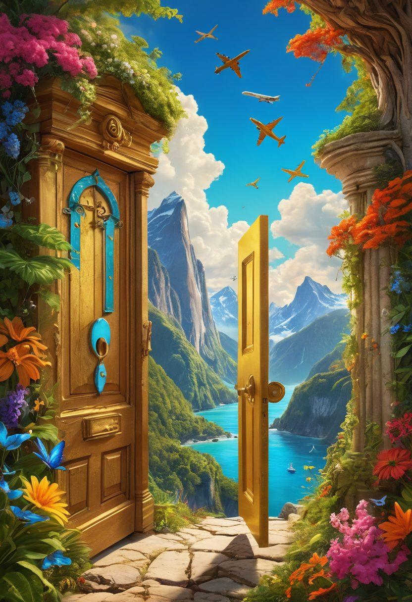 A whimsical collage depicting a colorful key unlocking a golden door to a world of vibrant landscapes including lush forests, majestic mountains, and serene beaches, with flying airplanes soaring in the bright blue sky. Add adventurous characters holding travel gear and smiling as they explore this magical realm. super-realistic. vibrant colors. fantasy art.